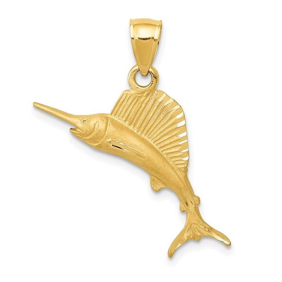 14k Yellow Gold Small Satin and Diamond Cut Sailfish Pendant - Picture 1 of 5